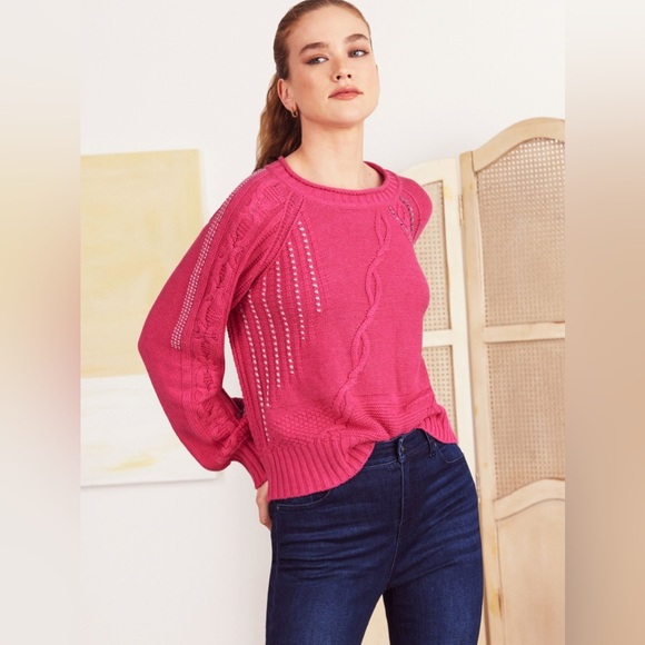 NIC+ZOE Crafted Cables Crewneck Sweater Pink Multi Cable Knit Size Small - Picture 1 of 8